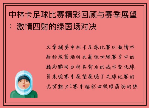 中林卡足球比赛精彩回顾与赛季展望：激情四射的绿茵场对决