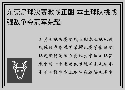 东莞足球决赛激战正酣 本土球队挑战强敌争夺冠军荣耀