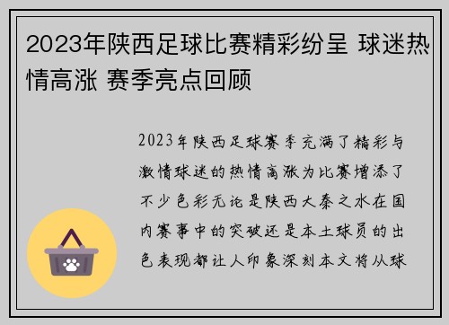 2023年陕西足球比赛精彩纷呈 球迷热情高涨 赛季亮点回顾
