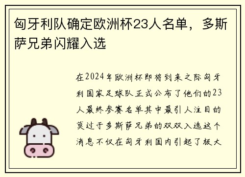 匈牙利队确定欧洲杯23人名单，多斯萨兄弟闪耀入选