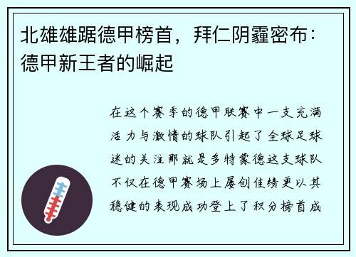 北雄雄踞德甲榜首，拜仁阴霾密布：德甲新王者的崛起