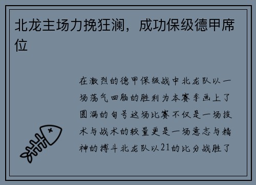 北龙主场力挽狂澜，成功保级德甲席位