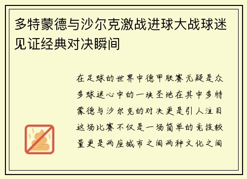 多特蒙德与沙尔克激战进球大战球迷见证经典对决瞬间