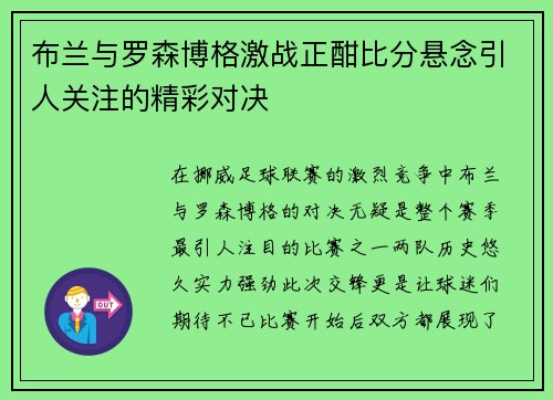 布兰与罗森博格激战正酣比分悬念引人关注的精彩对决