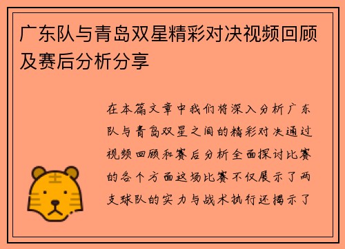 广东队与青岛双星精彩对决视频回顾及赛后分析分享