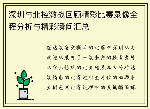 深圳与北控激战回顾精彩比赛录像全程分析与精彩瞬间汇总