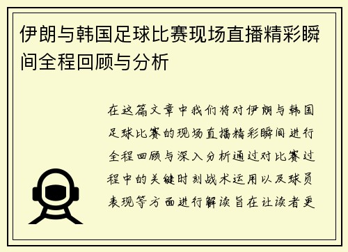 伊朗与韩国足球比赛现场直播精彩瞬间全程回顾与分析